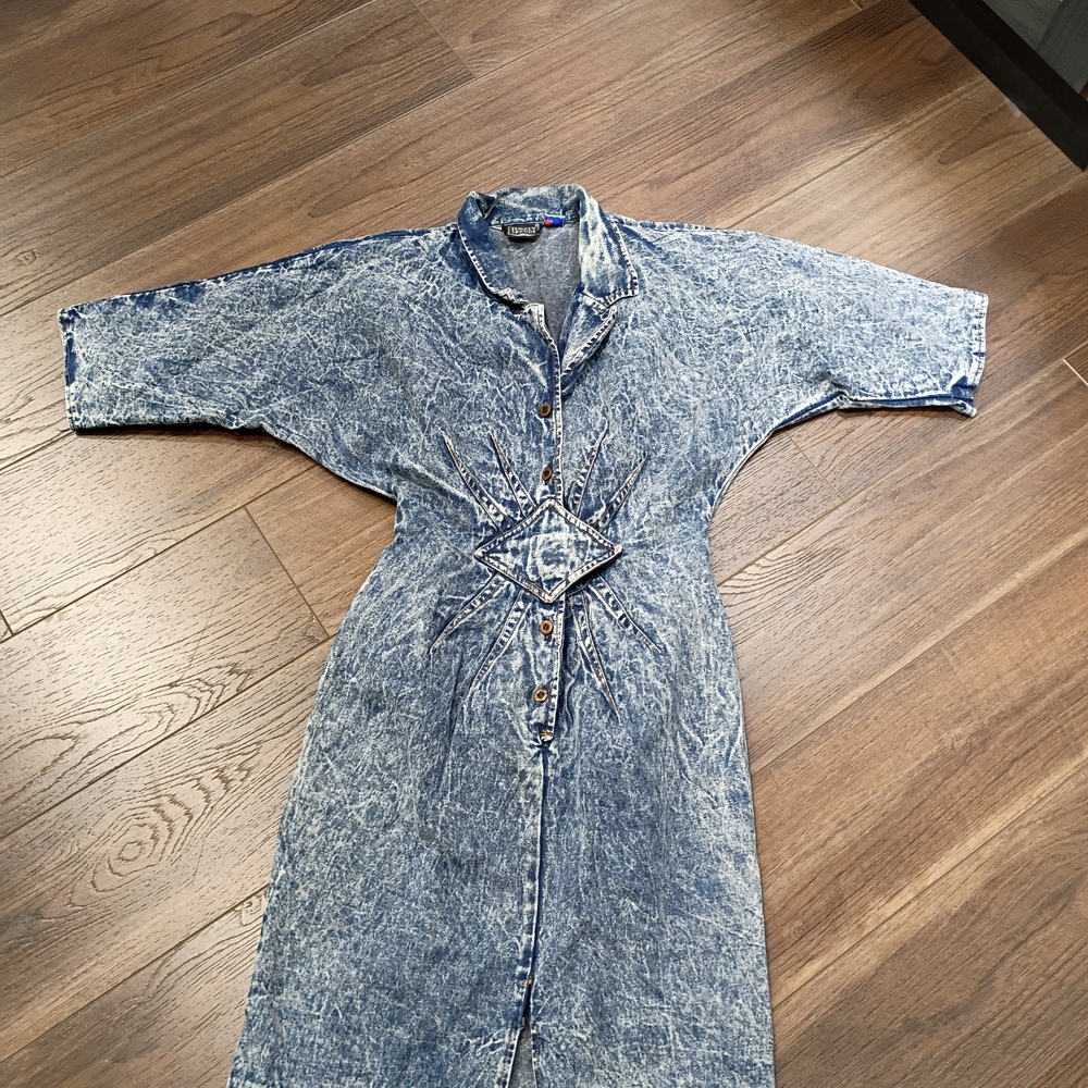 Timely Trends  Vintage 80's Acid Stone Washed Denim Midi Dress 3/4 Sleeve USA 13